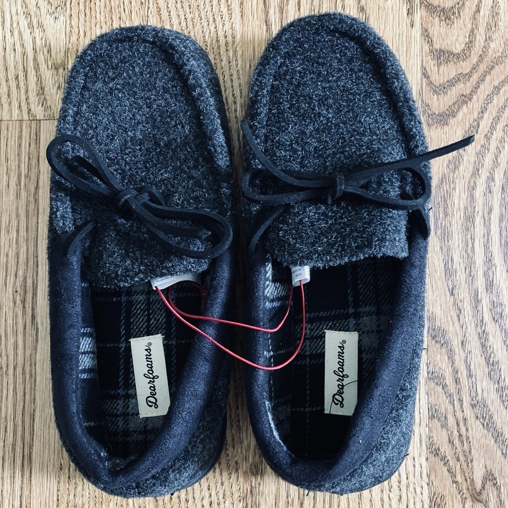 Dearfoams Mens Indoor Outdoor Slippers Moccasins Small 7-8 Plaid Lining New
